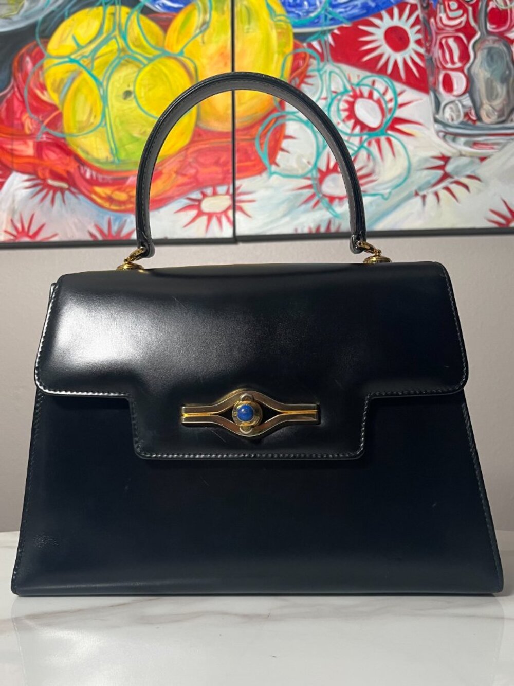 Gucci RARE Vintage 1960s Lapis Lazuli Black Leather Top Handle Bag